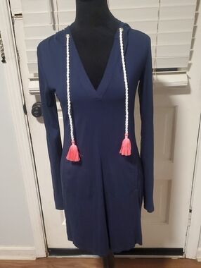 Lilly Pulitzer Navy Long-Sleeve V-Neck Hooded Dress with Pink Tassels